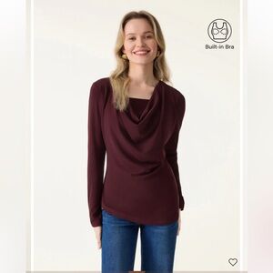 NWT OGL Cowl Neck Built-in Coverage Long Sleeve Built-In Bra - Burgundy